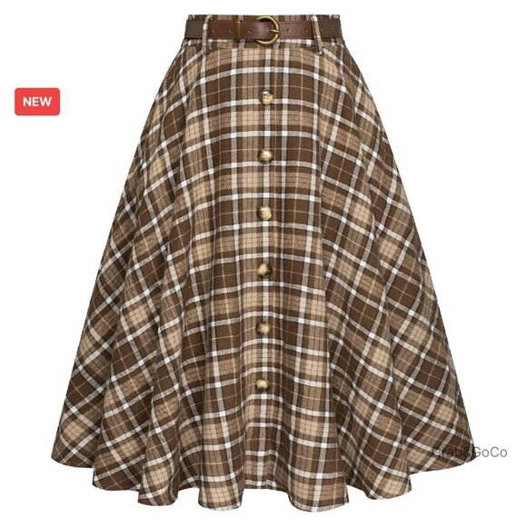 Dresses & Skirts - Vintage Plaid A-Line Skirt Retro Midi Flared with Pockets & Belt